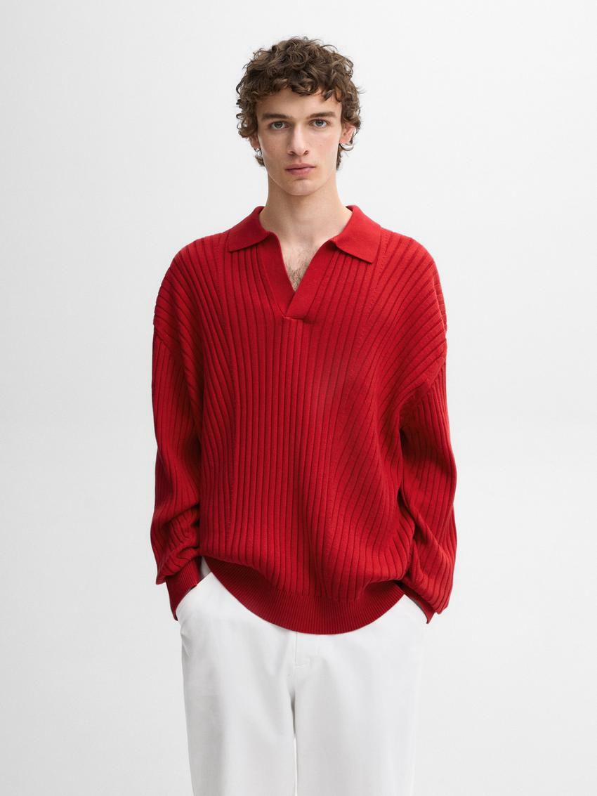 Massimo Dutti Ribbed Knit With Polo Collar Men Sweater Red | US-VJ4560328