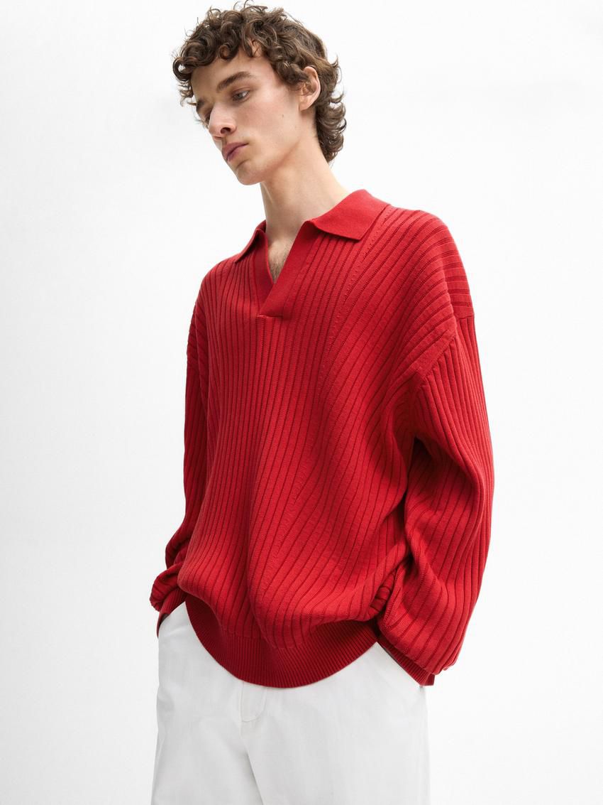 Massimo Dutti Ribbed Knit With Polo Collar Men Sweater Red | US-VJ4560328