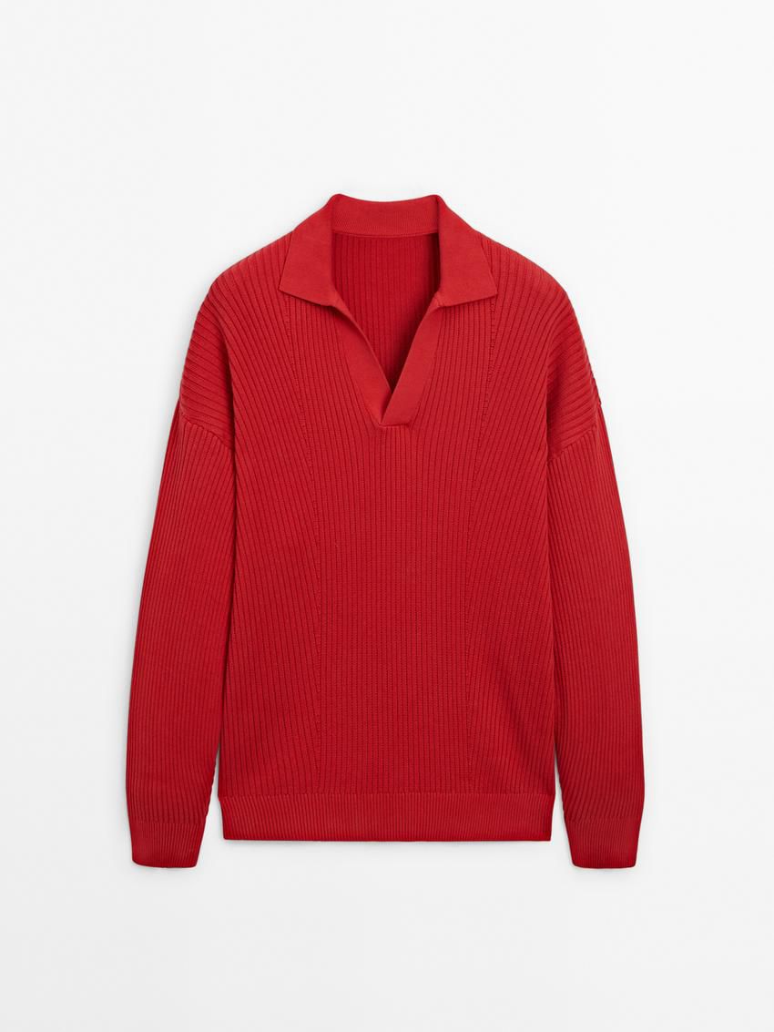 Massimo Dutti Ribbed Knit With Polo Collar Men Sweater Red | US-VJ4560328