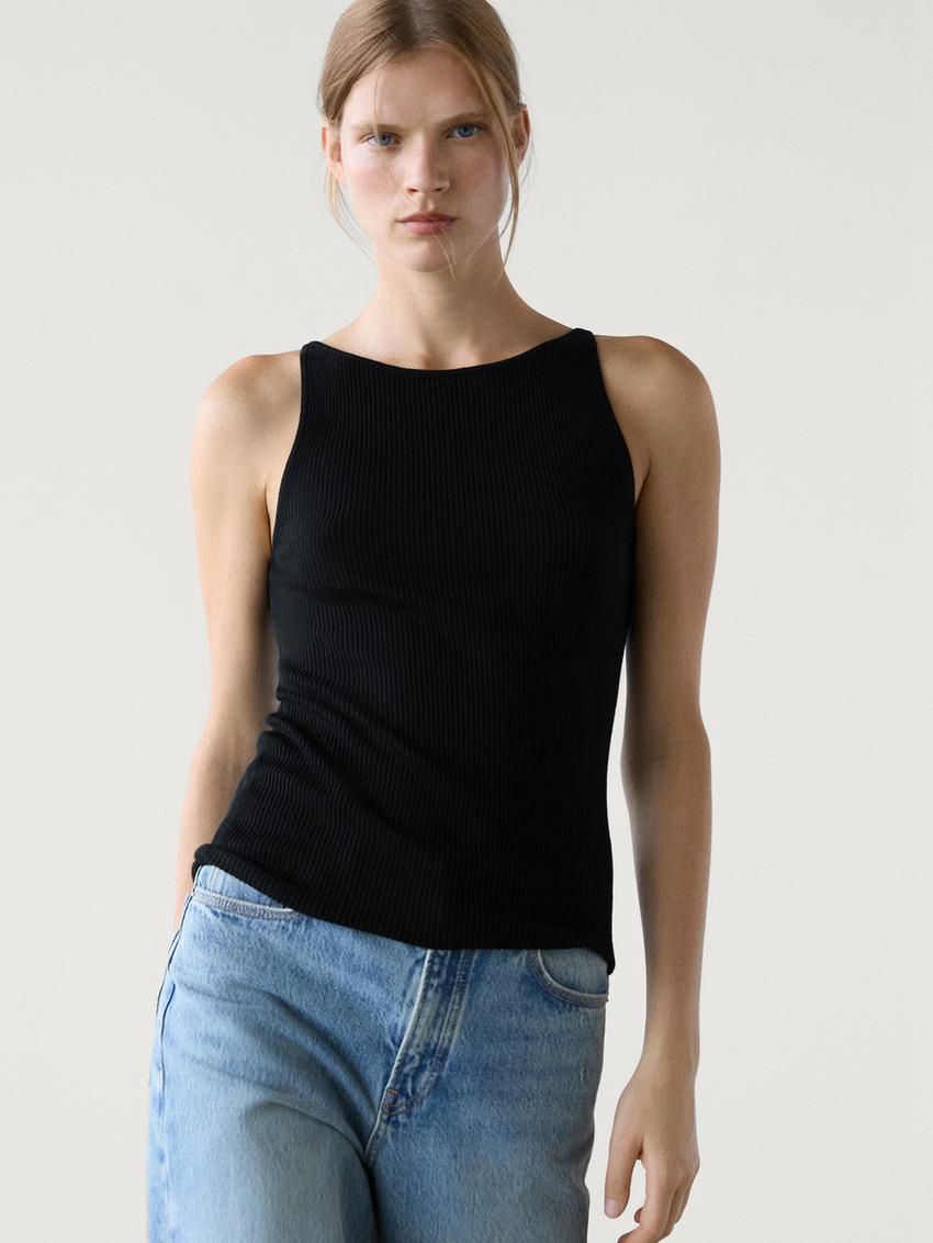 Massimo Dutti Ribbed Knit Women Top Black | US-PK5907316