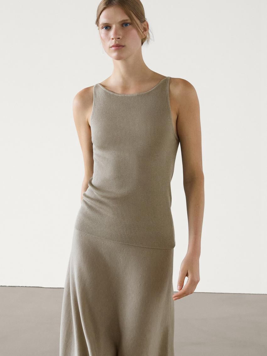 Massimo Dutti Ribbed Knit Women Top Khaki | US-FH0238764