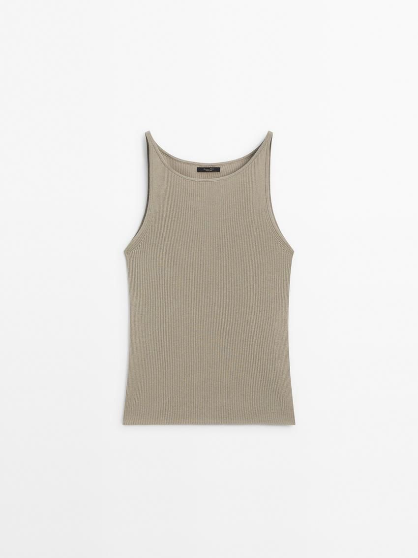 Massimo Dutti Ribbed Knit Women Top Khaki | US-FH0238764