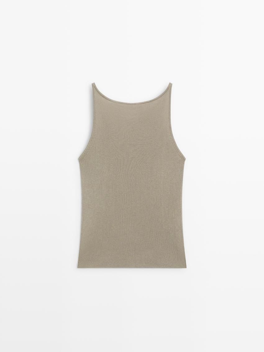 Massimo Dutti Ribbed Knit Women Top Khaki | US-FH0238764