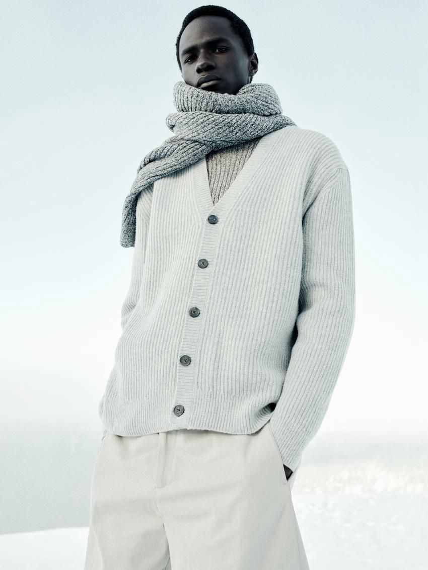 Massimo Dutti Ribbed Knit Wool Blend Men Cardigan Grey | US-JQ6523819