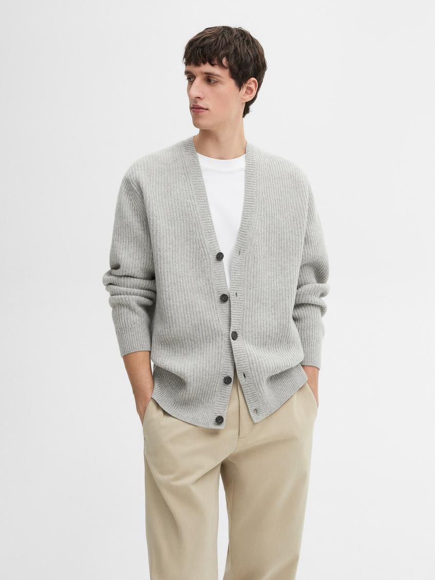 Massimo Dutti Ribbed Knit Wool Blend Men Cardigan Grey | US-OJ5197438