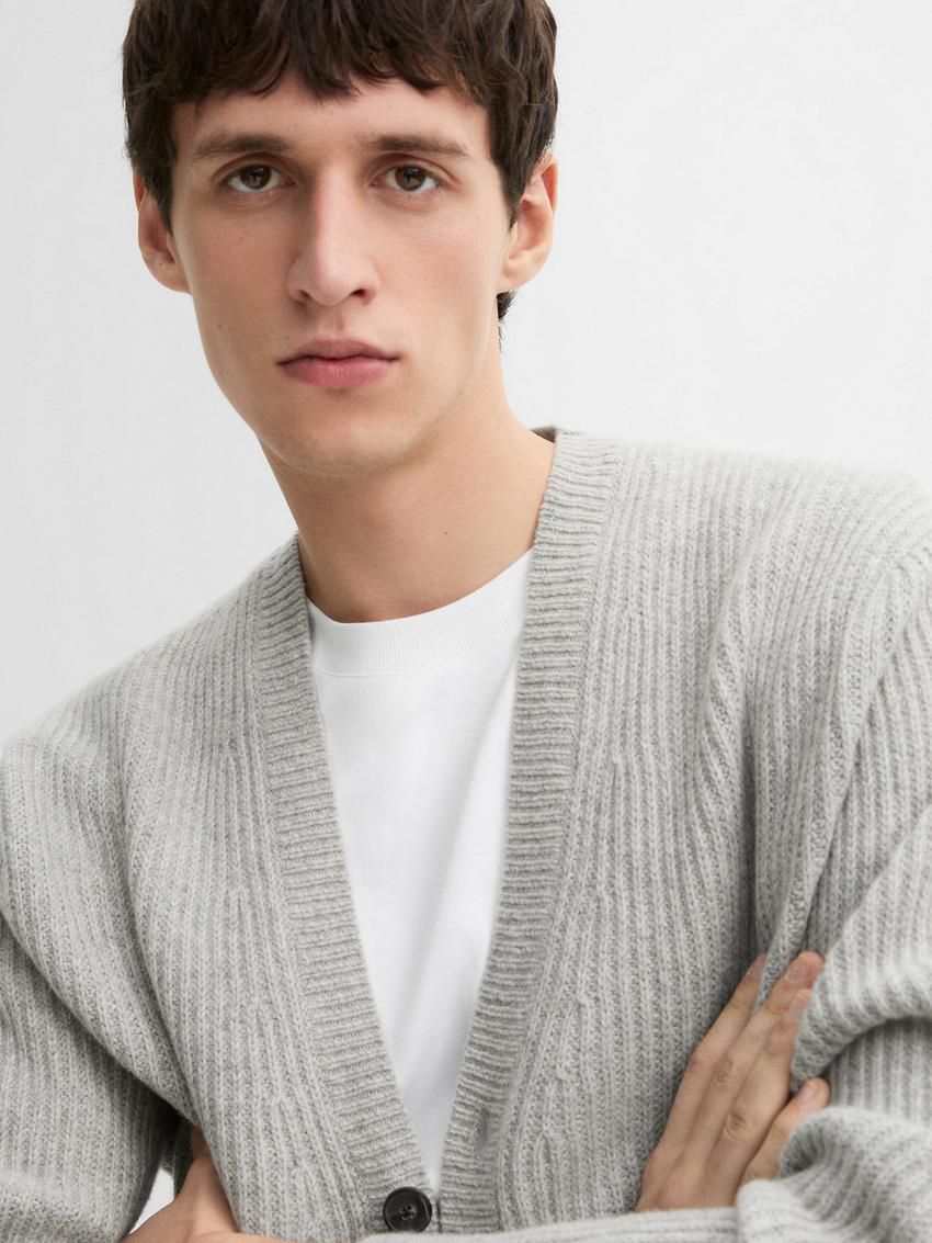 Massimo Dutti Ribbed Knit Wool Blend Men Cardigan Grey | US-OJ5197438