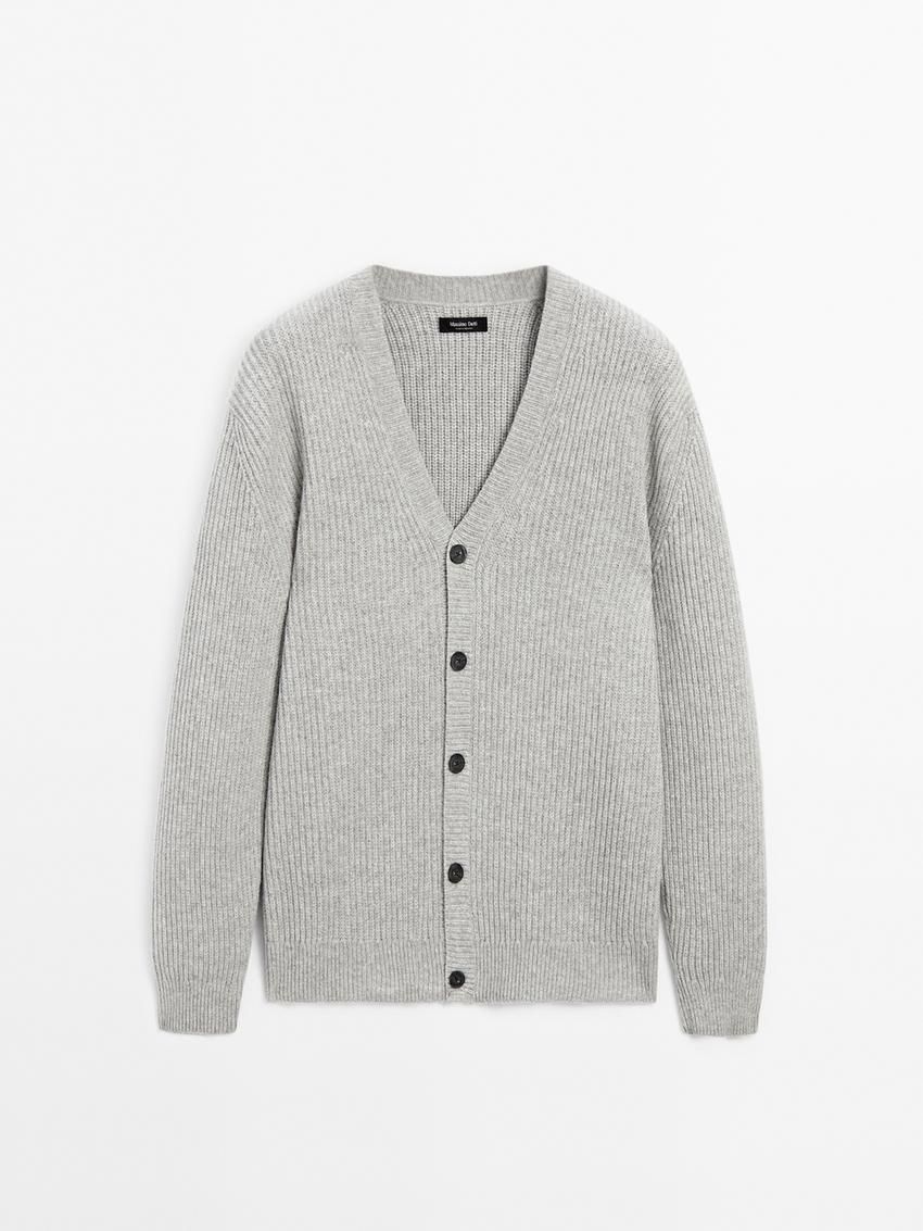 Massimo Dutti Ribbed Knit Wool Blend Men Cardigan Grey | US-OJ5197438