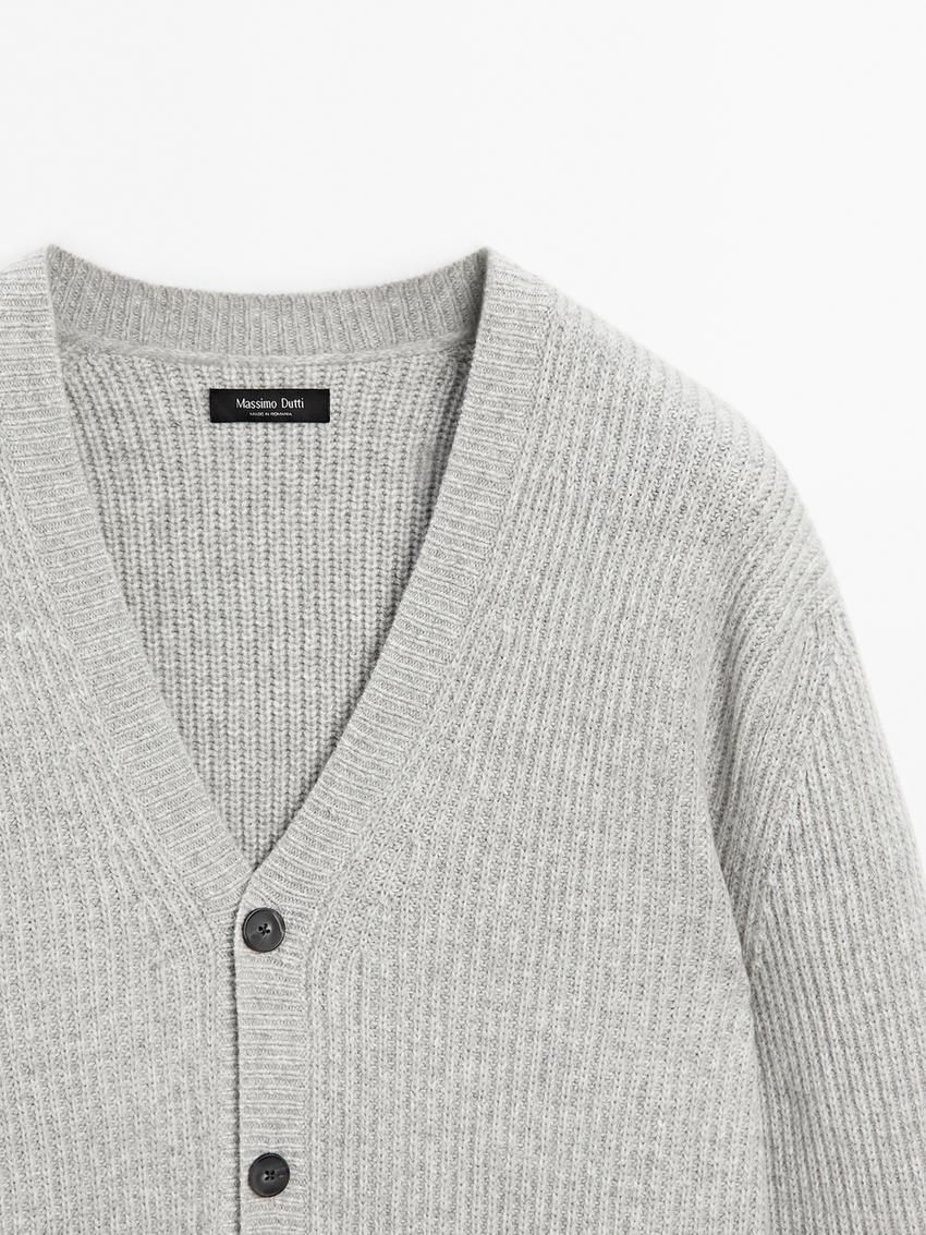Massimo Dutti Ribbed Knit Wool Blend Men Cardigan Grey | US-OJ5197438