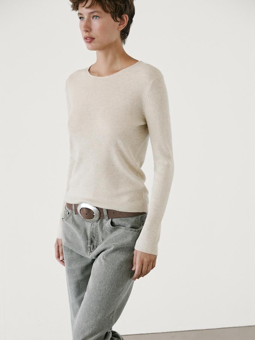 Massimo Dutti Ribbed Knit Wool Women Sweater Beige | US-QM9602371