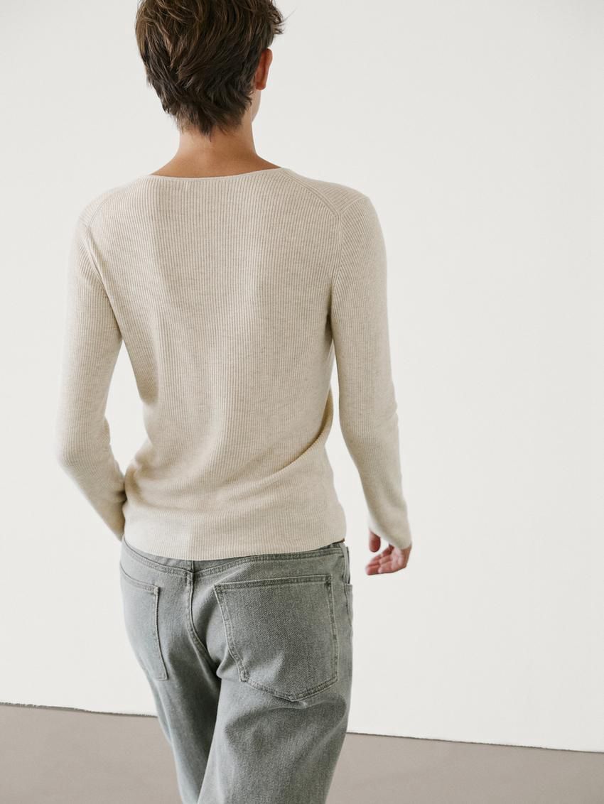 Massimo Dutti Ribbed Knit Wool Women Sweater Beige | US-QM9602371