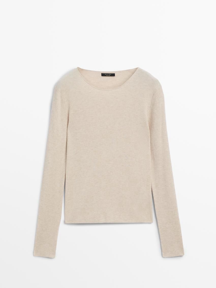 Massimo Dutti Ribbed Knit Wool Women Sweater Beige | US-QM9602371