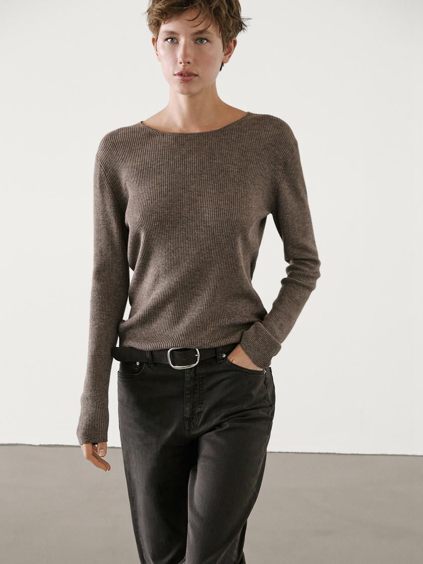 Massimo Dutti Ribbed Knit Wool Women Sweater Brown | US-PA0423968