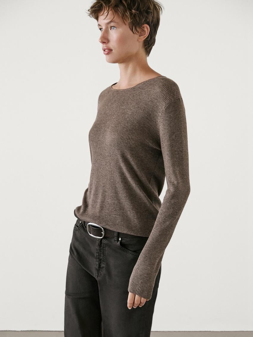 Massimo Dutti Ribbed Knit Wool Women Sweater Brown | US-PA0423968