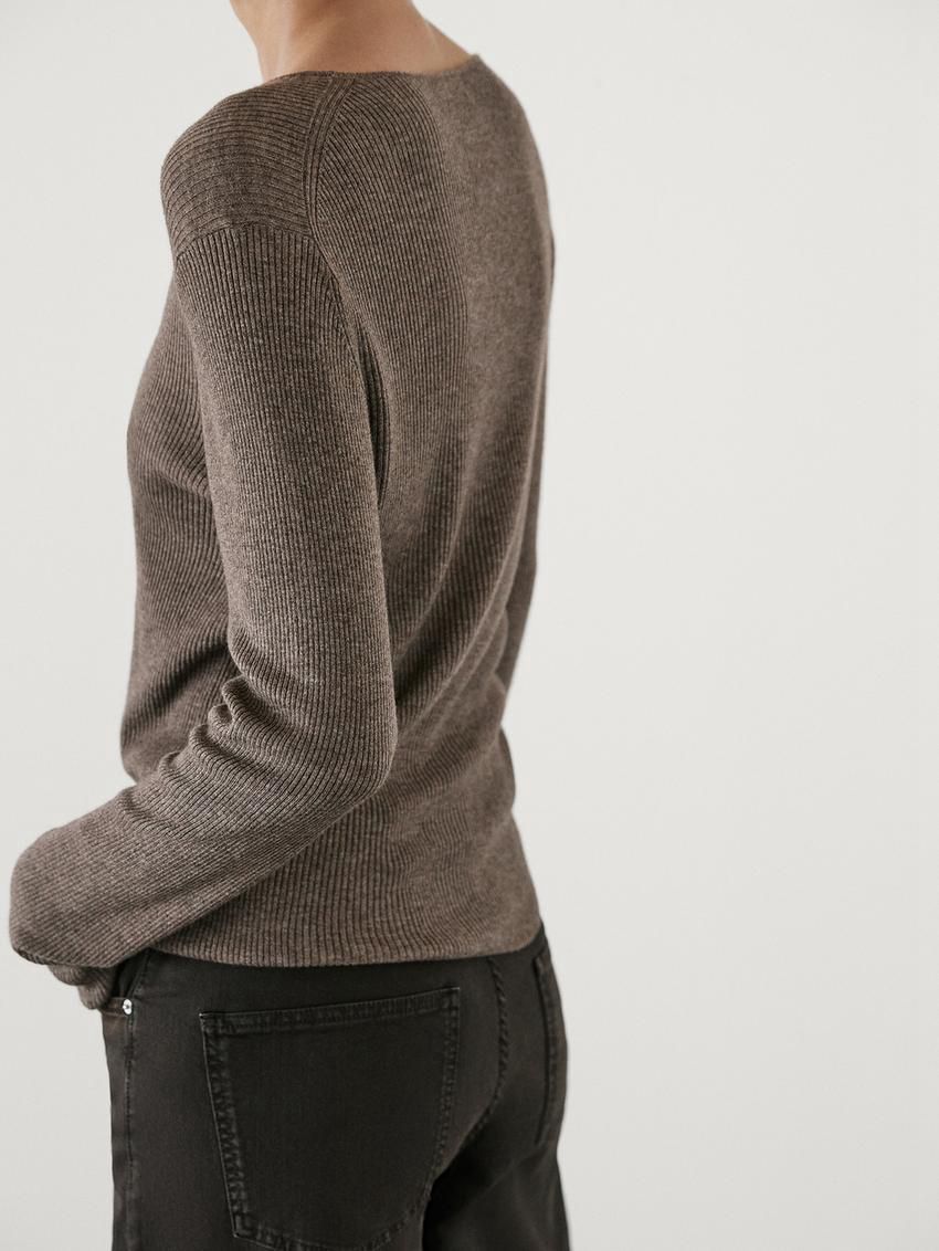Massimo Dutti Ribbed Knit Wool Women Sweater Brown | US-PA0423968