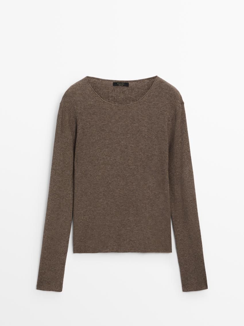 Massimo Dutti Ribbed Knit Wool Women Sweater Brown | US-PA0423968