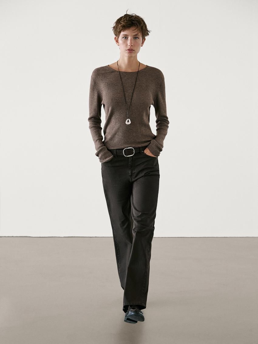 Massimo Dutti Ribbed Knit Wool Women Sweater Brown | US-PA0423968
