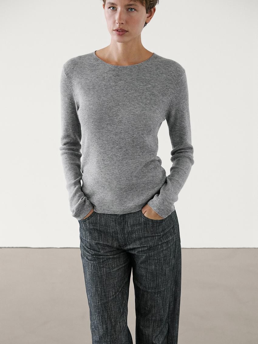 Massimo Dutti Ribbed Knit Wool Women Sweater Grey | US-PA5872940