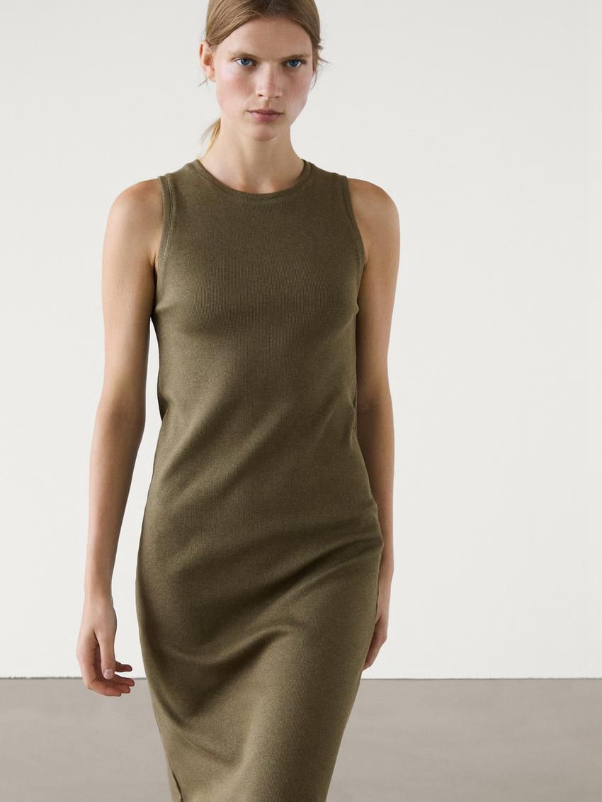 Massimo Dutti Ribbed Melange Midi Women Dress Olive | US-LB5784960