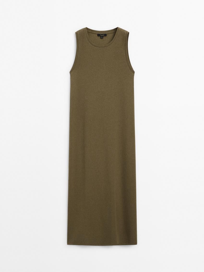 Massimo Dutti Ribbed Melange Midi Women Dress Olive | US-LB5784960