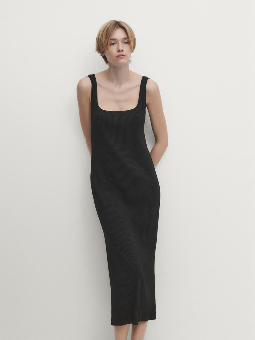 Massimo Dutti Ribbed Midi With Square Necklin Women Dress Navy | US-CH6142350