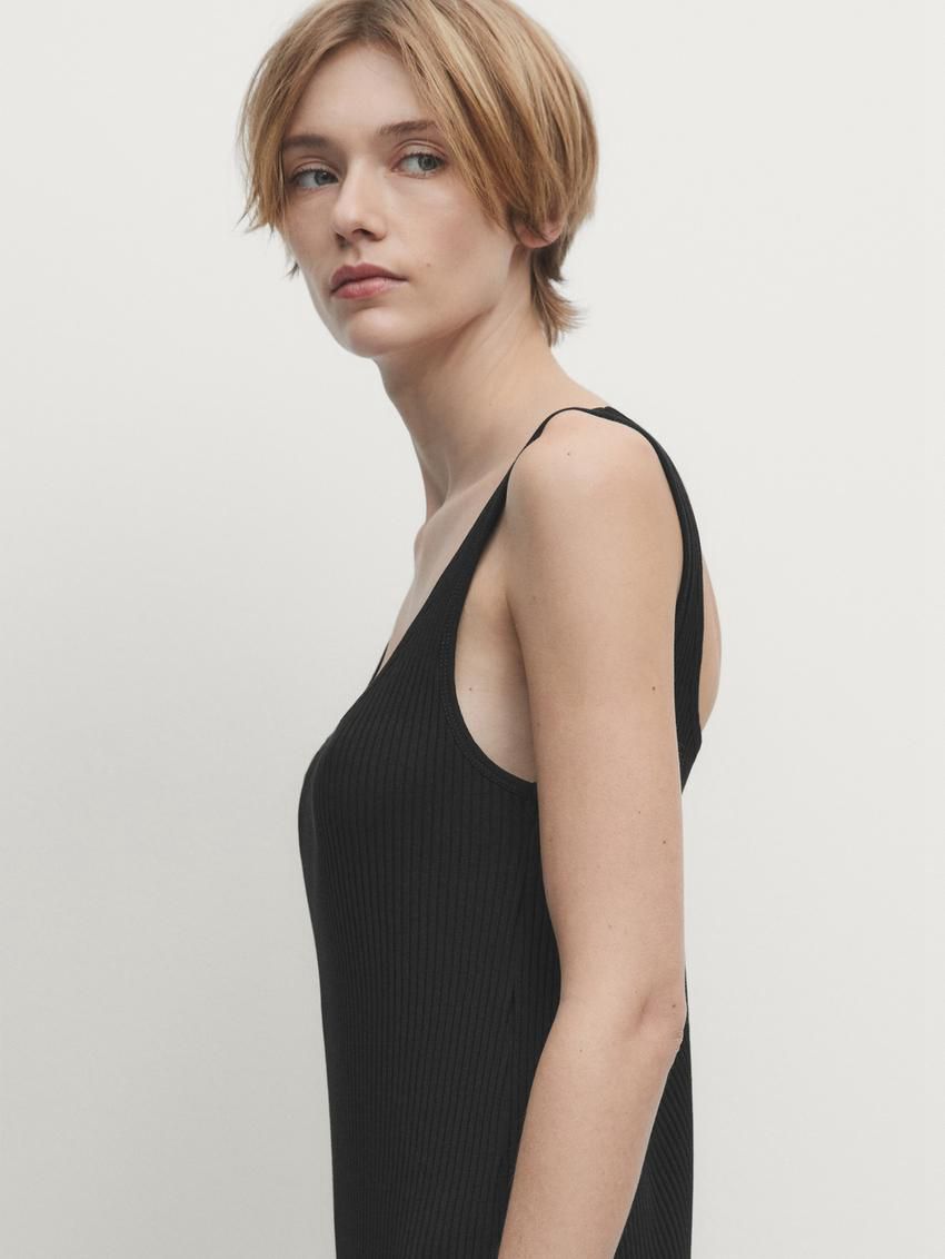 Massimo Dutti Ribbed Midi With Square Necklin Women Dress Navy | US-CH6142350
