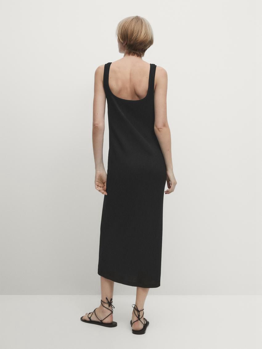 Massimo Dutti Ribbed Midi With Square Necklin Women Dress Navy | US-CH6142350