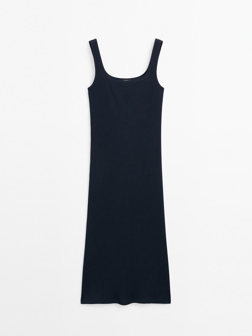 Massimo Dutti Ribbed Midi With Square Necklin Women Dress Navy | US-CH6142350