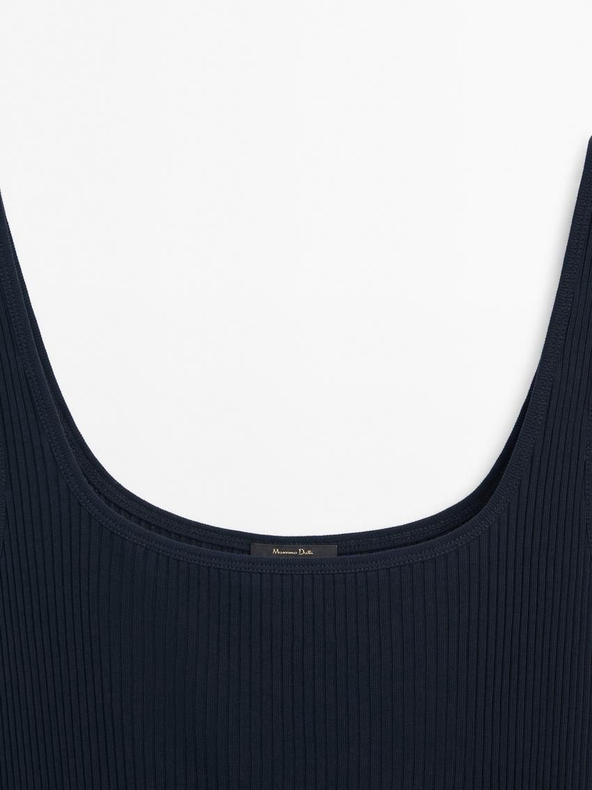 Massimo Dutti Ribbed Midi With Square Necklin Women Dress Navy | US-CH6142350