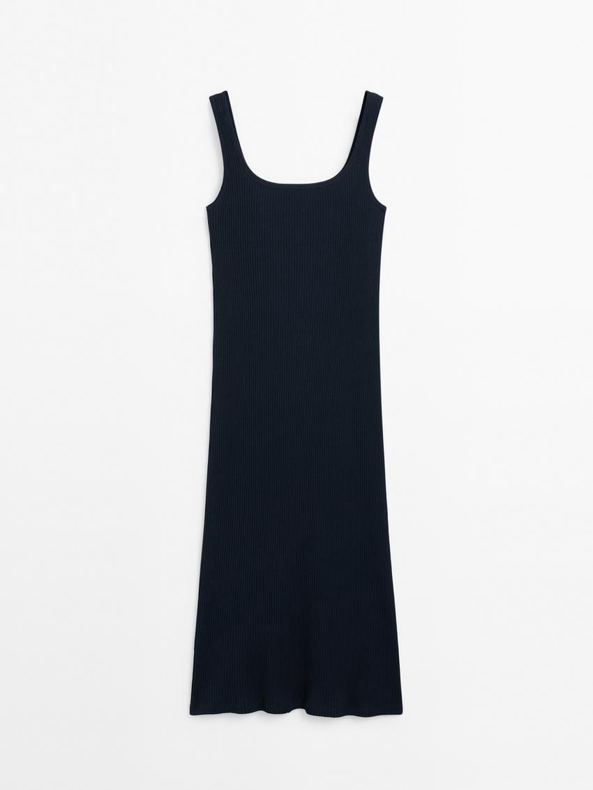 Massimo Dutti Ribbed Midi With Square Necklin Women Dress Navy | US-CH6142350