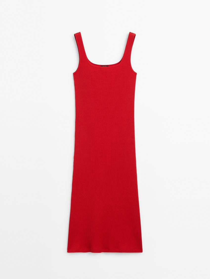 Massimo Dutti Ribbed Midi With Square Necklin Women Dress Red | US-NO0487931