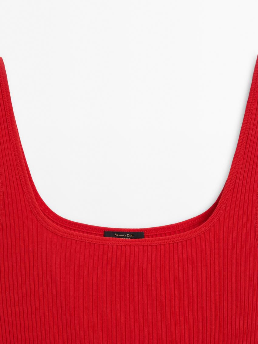Massimo Dutti Ribbed Midi With Square Necklin Women Dress Red | US-NO0487931