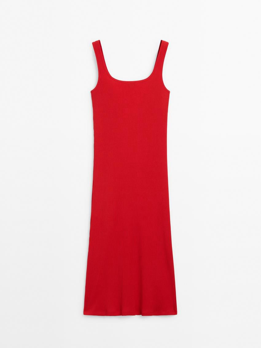 Massimo Dutti Ribbed Midi With Square Necklin Women Dress Red | US-NO0487931