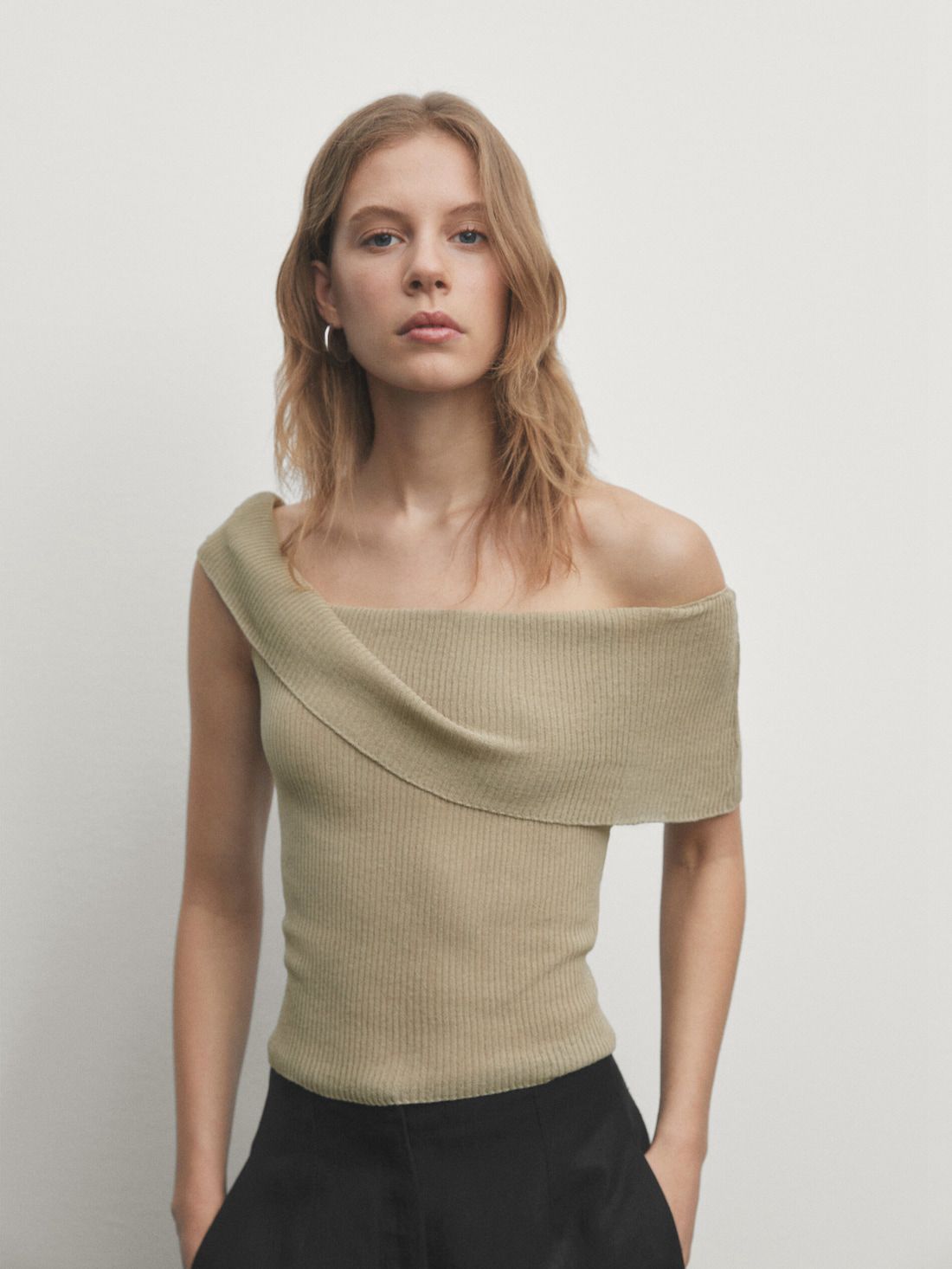 Massimo Dutti Ribbed Off-the-shoulder Women Top Khaki | US-EK7894630