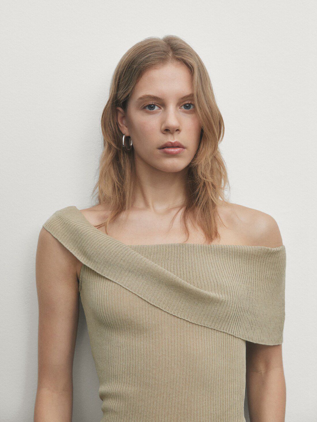 Massimo Dutti Ribbed Off-the-shoulder Women Top Khaki | US-EK7894630
