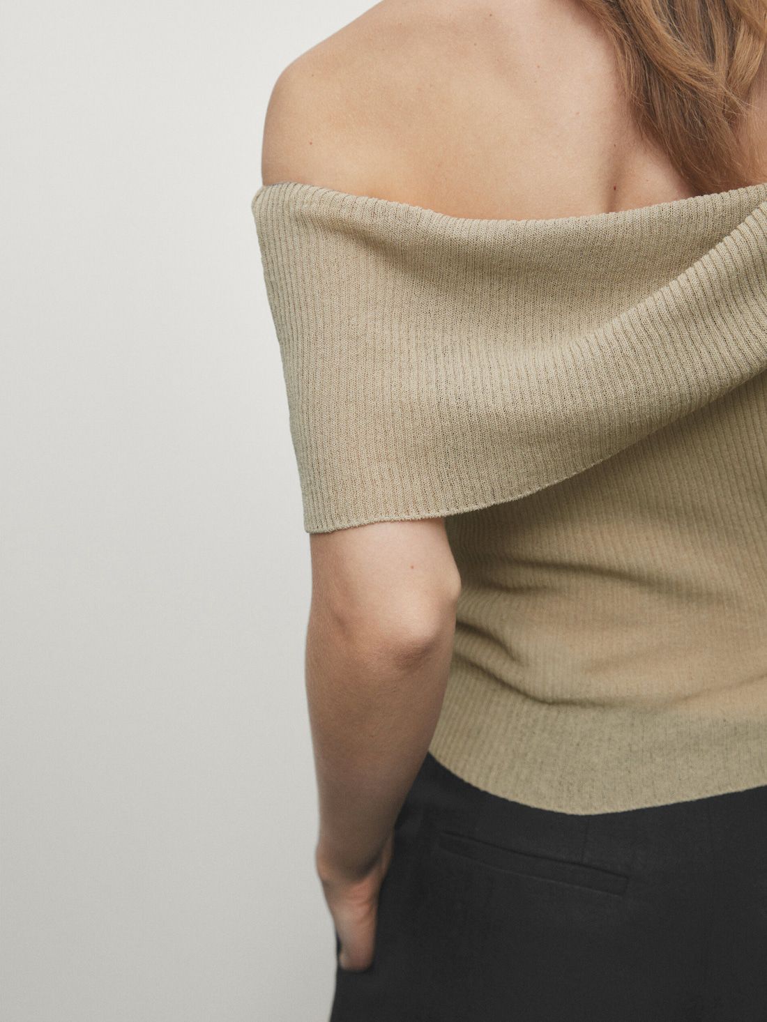 Massimo Dutti Ribbed Off-the-shoulder Women Top Khaki | US-EK7894630