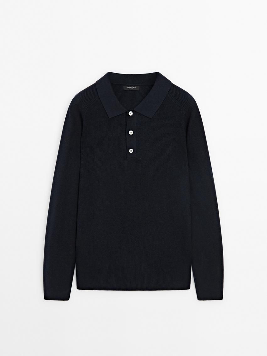 Massimo Dutti Ribbed Polo Neck Knitted Jumper Men Sweater Navy | US-DB8204673