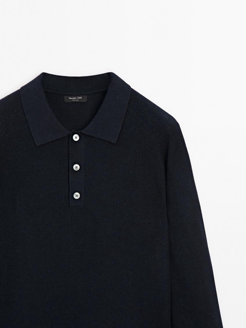 Massimo Dutti Ribbed Polo Neck Knitted Jumper Men Sweater Navy | US-DB8204673