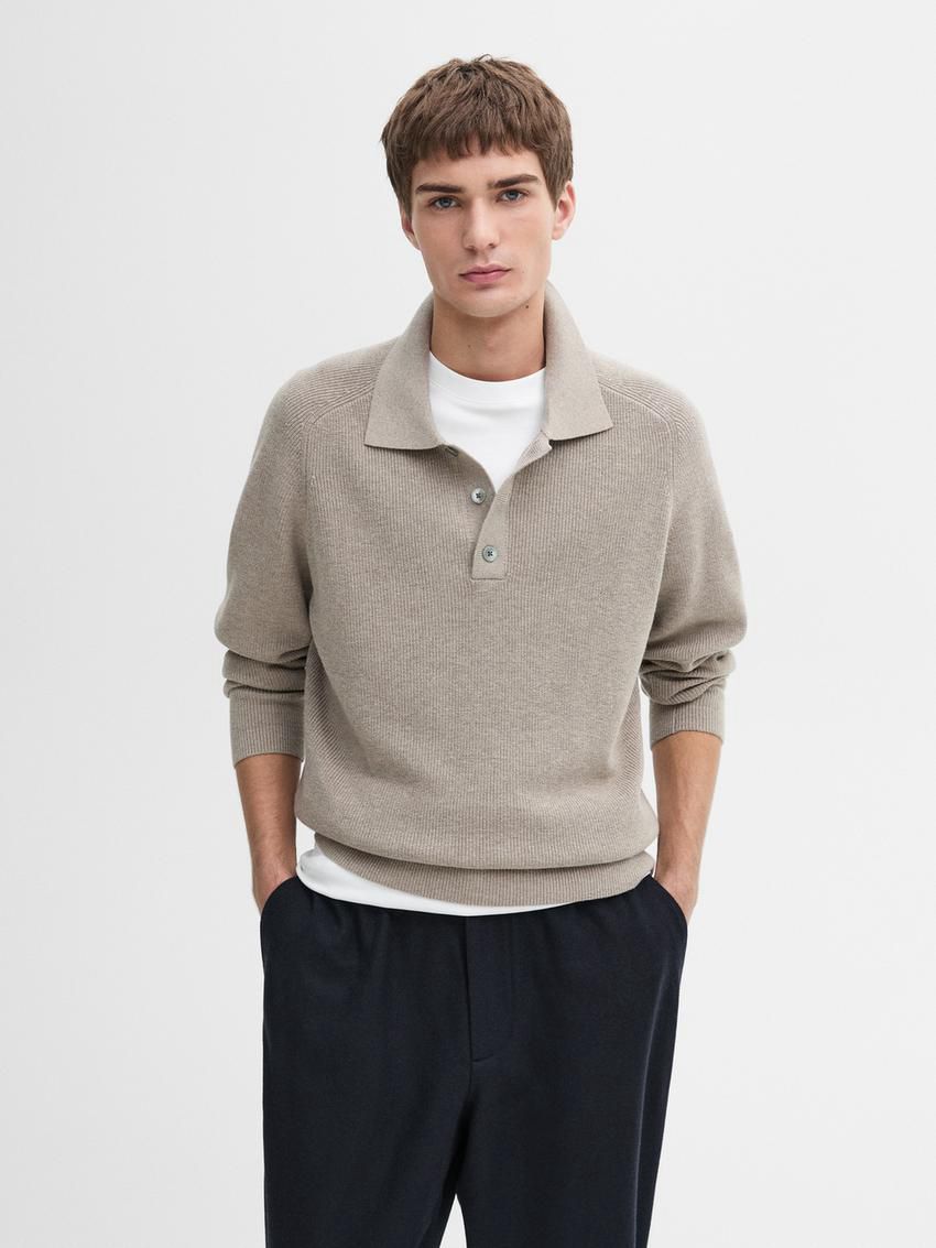 Massimo Dutti Ribbed Polo Neck Knitted Jumper Men Sweater Brown Beige | US-JC3708426