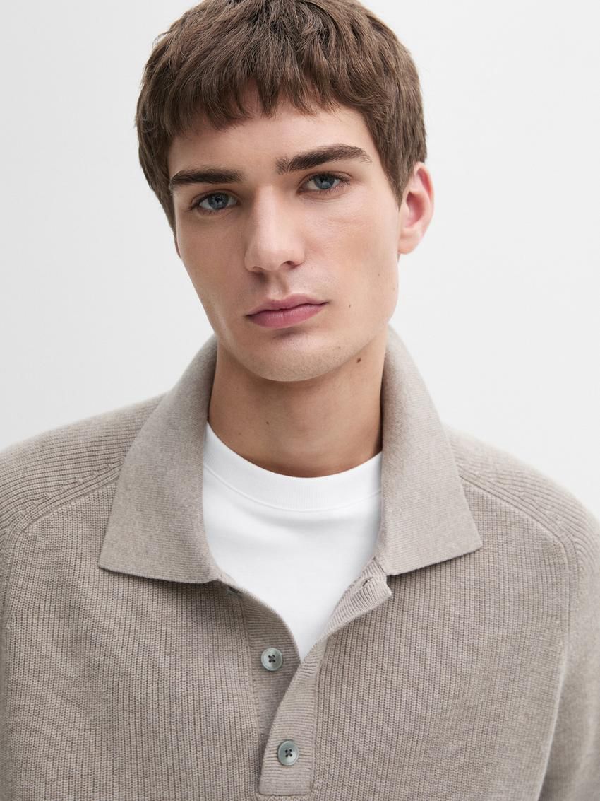 Massimo Dutti Ribbed Polo Neck Knitted Jumper Men Sweater Brown Beige | US-JC3708426