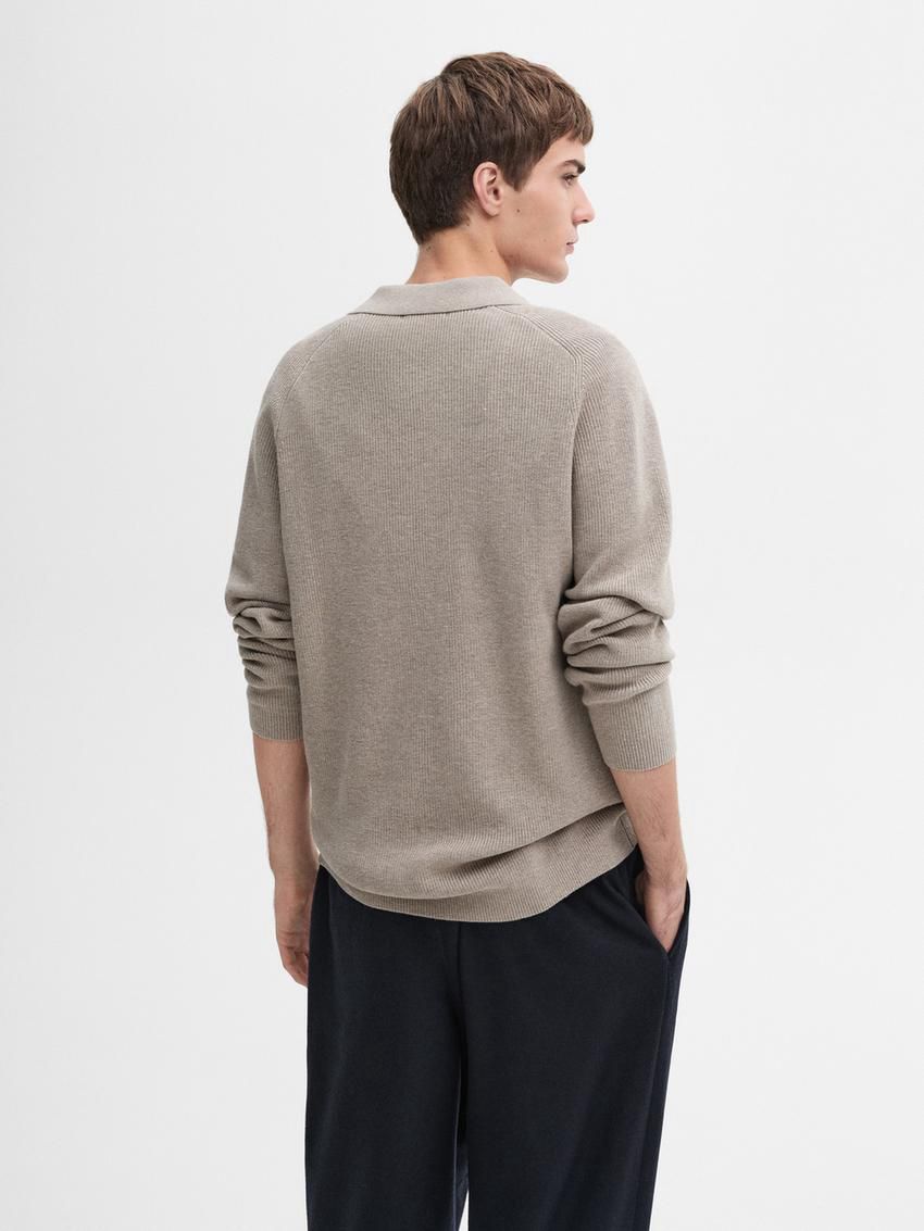 Massimo Dutti Ribbed Polo Neck Knitted Jumper Men Sweater Brown Beige | US-JC3708426