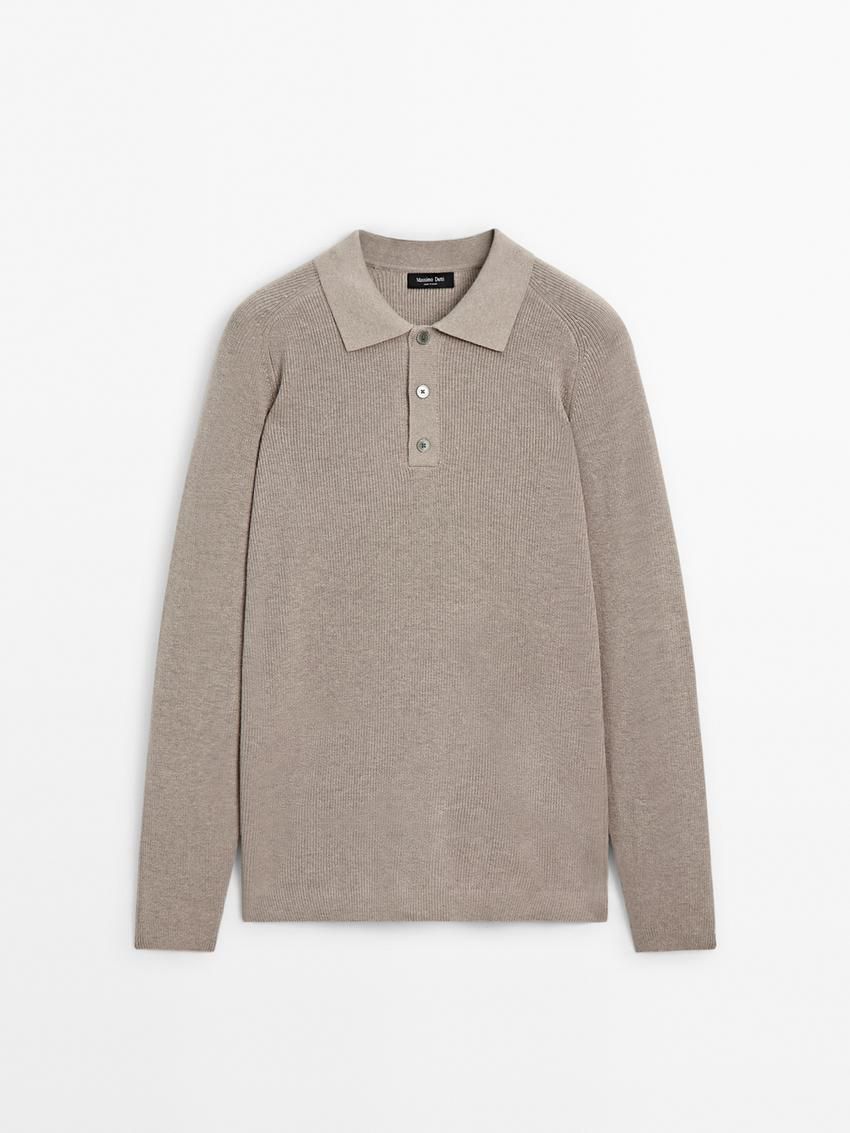 Massimo Dutti Ribbed Polo Neck Knitted Jumper Men Sweater Brown Beige | US-JC3708426