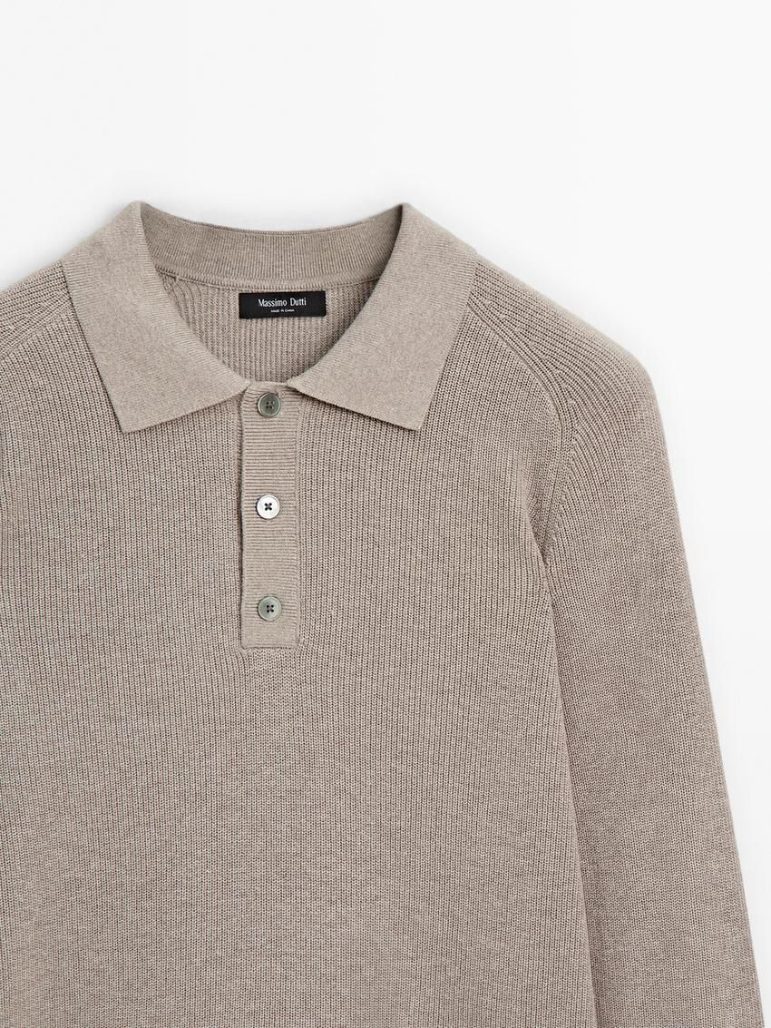 Massimo Dutti Ribbed Polo Neck Knitted Jumper Men Sweater Brown Beige | US-JC3708426