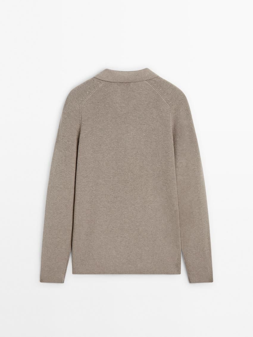 Massimo Dutti Ribbed Polo Neck Knitted Jumper Men Sweater Brown Beige | US-JC3708426
