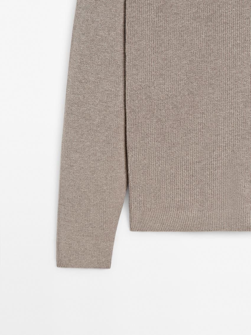Massimo Dutti Ribbed Polo Neck Knitted Jumper Men Sweater Brown Beige | US-JC3708426