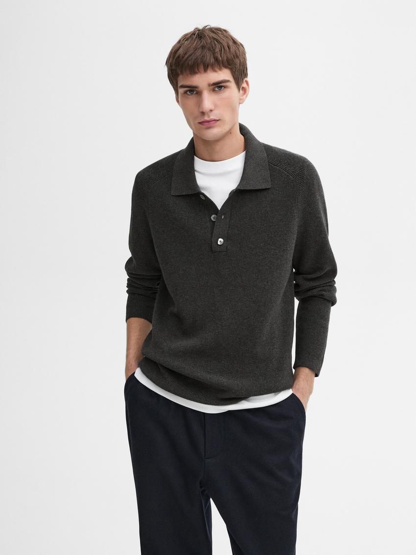 Massimo Dutti Ribbed Polo Neck Knitted Jumper Men Sweater Dark Grey | US-NB1204786