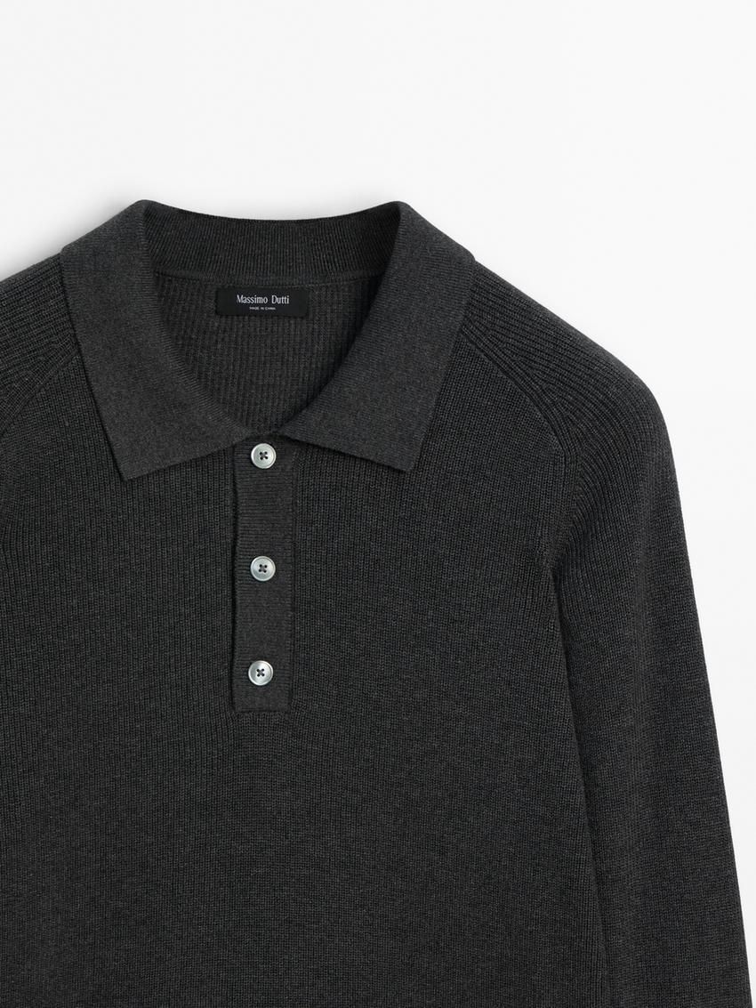 Massimo Dutti Ribbed Polo Neck Knitted Jumper Men Sweater Dark Grey | US-NB1204786