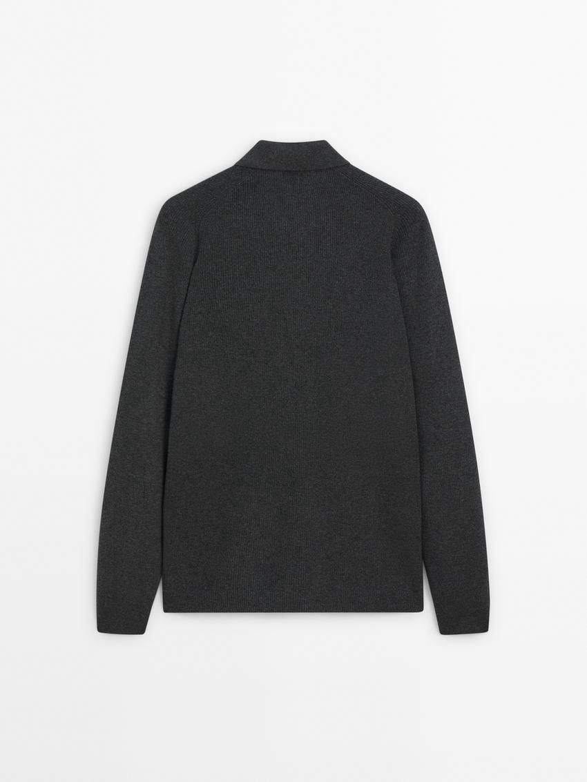Massimo Dutti Ribbed Polo Neck Knitted Jumper Men Sweater Dark Grey | US-NB1204786