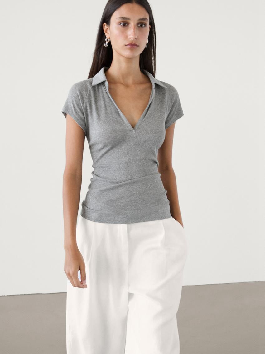 Massimo Dutti Ribbed Raglan Sleeve Polo Women T-Shirt Grey | US-NG2436897