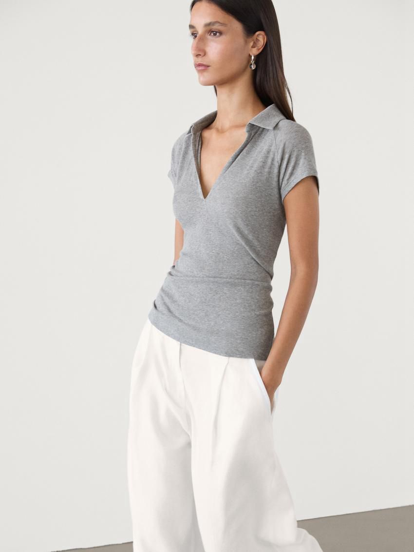 Massimo Dutti Ribbed Raglan Sleeve Polo Women T-Shirt Grey | US-NG2436897