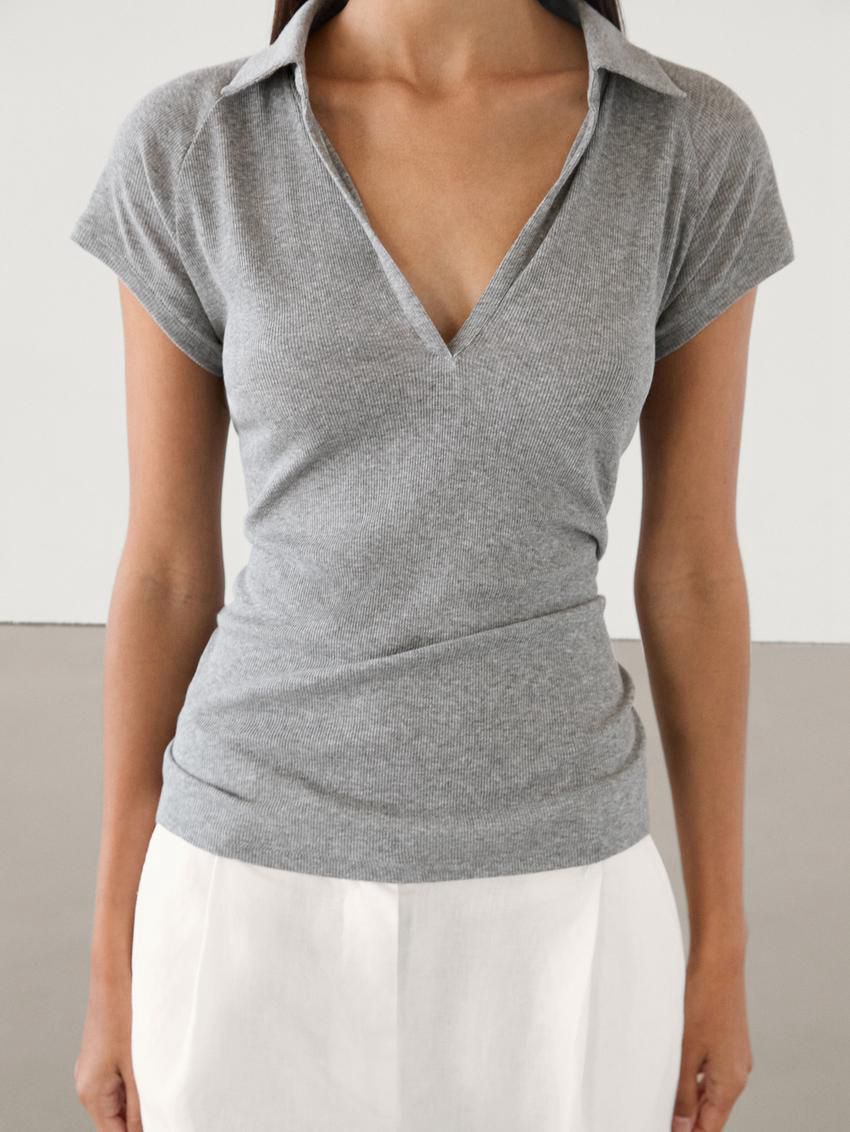 Massimo Dutti Ribbed Raglan Sleeve Polo Women T-Shirt Grey | US-NG2436897